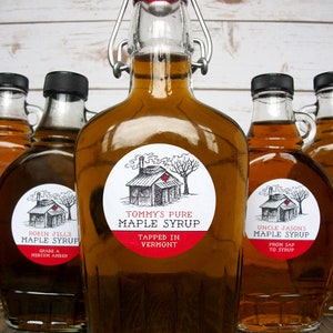 Custom Sugar Shack Maple Syrup Labels for backyard sugaring gifts, customized printed round canning jar & bottle stickers with sap house art image 9