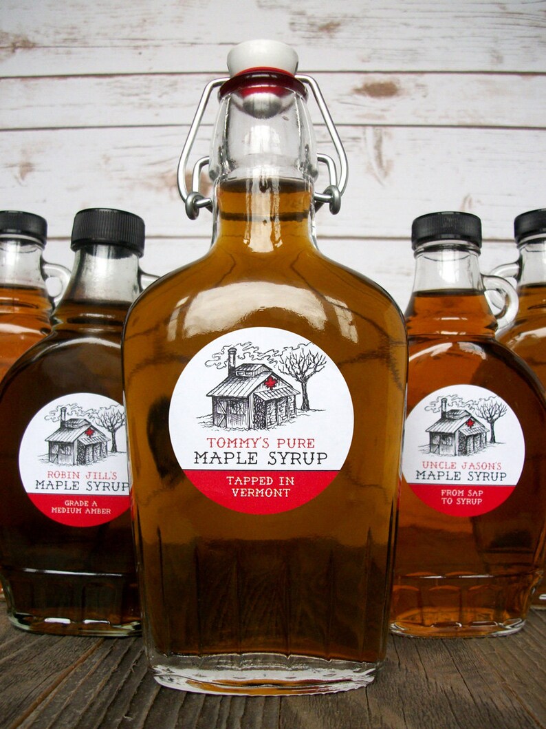 Custom Sugar Shack Maple Syrup Labels for backyard sugaring gifts, customized printed round canning jar & bottle stickers with sap house art image 9