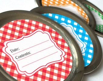 Classic Gingham canning jar labels, round mason jar stickers in red blue green yellow, regular or wide mouth jam & jelly jar labels