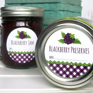 Gingham Blackberry canning jar labels, printed round mason jar stickers for jam, jelly, fruit preserves, pie filling