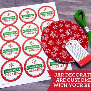 May include: A sheet of circular stickers with red borders, green banners, and snowflake icons, each labeled Candy Chip COOKIES. Includes a red fabric circle with white snowflakes, a white recipe tag, and a coil of green ribbon.