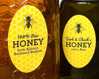 CUSTOM large OVAL Yellow Honey bottle labels, customized stickers for honey bottles & mason jars, gifts for backyard beekeepers, honeycomb