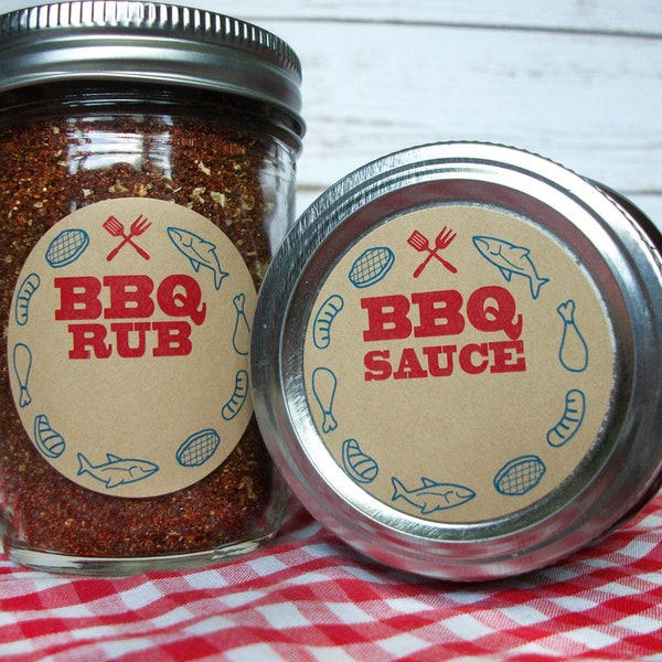 BBQ Sauce & Rub canning jar labels, round KRAFT paper mason jar and bottle stickers for barbecue sauce or spice rub, father's day gift idea