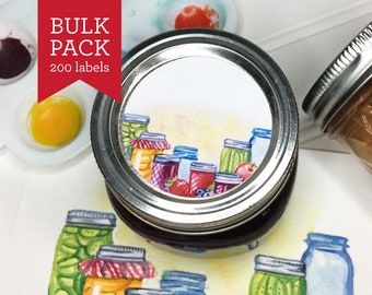 BULK PACK! 200 Watercolor Mason Jar canning labels, printed round food preservation stickers for jam jelly, kitchen pantry gifts for canners