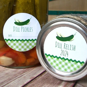 Gingham Pickle canning jar labels, Dill, Sweet, Bread & Butter Pickle, Relish, round fermented food cucumber vegetable mason jar stickers
