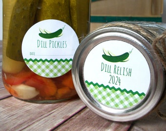 Gingham Pickle canning jar labels, Dill, Sweet, Bread & Butter Pickle, Relish, round fermented food cucumber vegetable mason jar stickers