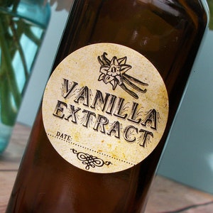 Vintage Vanilla Extract bottle labels, printed rustic round stickers for amber bottles or mason jars for holiday DIY kitchen baker gift