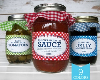 Custom Farmer&#39;s Market Gingham rectangle canning jar labels, printed rectangular mason jar stickers for jam & jelly, cottage food label gift