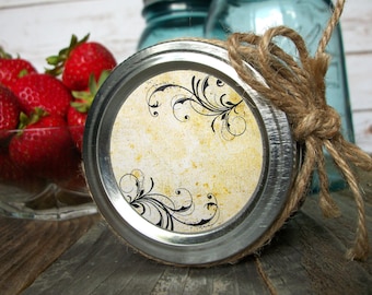 Vintage Whimsical canning jar labels, round antique mason jar stickers for fruit preservation, kitchen pantry labels, jam jelly jar labels