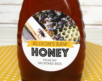 Étiquettes personnalisées pour bouteilles et pots de miel Busy Bees, autocollants ronds pour pots de miel en nid d'abeille personnalisés avec VOTRE texte, cadeau pour les apiculteurs