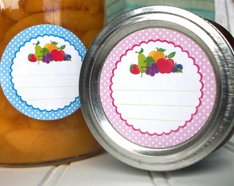 Polka Dot Fruit canning jar labels, round mason jar labels for jam jelly preserves, pink blue cottage chic fruit preservation stickers