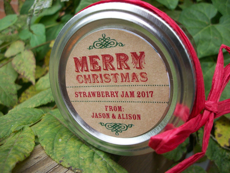 Custom KRAFT Merry Christmas canning jar labels, round holiday gift stickers, personalized mason jar labels, jam and jelly jar labels image 1