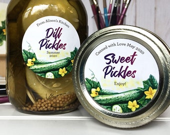 Custom Watercolor Pickle canning labels, round printed personalized mason jar stickers, Dill, Kosher, Sweet, Bread & Butter Pickles, Relish