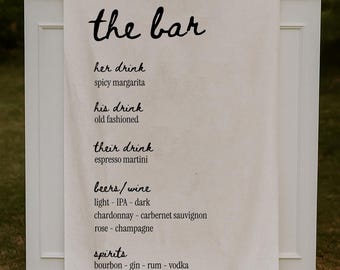 Fabric Bar Sign, Custom Fabric Bar Menu, Wedding Bar Menu, Personalized Fabric Cocktail Menu, Minimalist Wedding, His and Hers Bar Sign