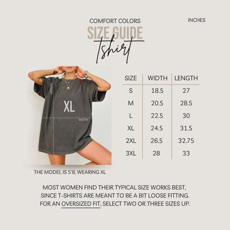 May include: Size chart for a t-shirt with measurements in inches. The chart shows the width and length of the shirt in sizes S, M, L, XL, 2XL, and 3XL. The model is wearing a size XL.