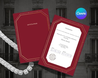 Elegant Red Minimalist "C.artier Certification" Style Birthday Brunch Invitation Card Template