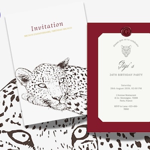 Élégante carte d'invitation d'anniversaire de style designer minimaliste rouge, modifiable, faire-part sur le thème panthère C_artier