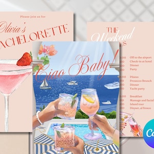 Puede incluir: Dos invitaciones para una despedida de soltera. La primera invitación es rosa con el texto "Olivia's Bachelorette" en rojo. La segunda invitación es rosa con el texto "The Weekend Starts" en rojo. El texto "Ciao Baby!" está en rojo y blanco. Las invitaciones presentan ilustraciones de cócteles y una escena de piscina.