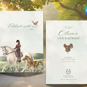 Cartão de convite elegante para aniversário de equestre/cavaleiro, editável