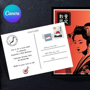 Geisha Themen japanische Sushi-Geburtstagsfeier-Einladung Vorlage, Postkartenstil, bearbeitbar