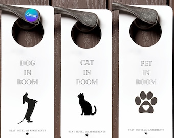 Perro/gato/mascota en la habitación con política de mascotas: plantilla minimalista editable para colgar en la puerta, letrero para hotel, casa de huéspedes o Airbnb.