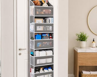 Organizador colgante para puerta: estantes de almacenamiento resistentes con ventanas transparentes, organizador para despensa, cuarto infantil y baño.