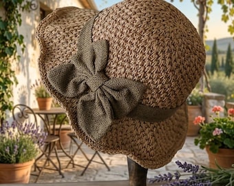 French Style Straw Bucket Hat – Ruffled Brim, Ribbon Bow, Travel Sun Hat
