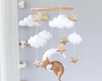 Dragon baby mobile for crib, Fantasy nursery decor, Neutral baby shower gift, Moon, clouds & stars felt mobile
