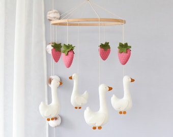 Goose & strawberry baby crib mobile, Farmhouse nursery decor, Neutral baby shower gift, Felt fruit baby mobile, Duck nursery
