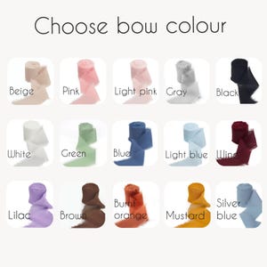 May include: Image displaying a variety of ribbon colors, including beige, pink, light pink, gray, black, white, green, blue, light blue, wine, lilac, brown, burnt orange, mustard, and silver blue. Text at the top reads "Choose bow colour."