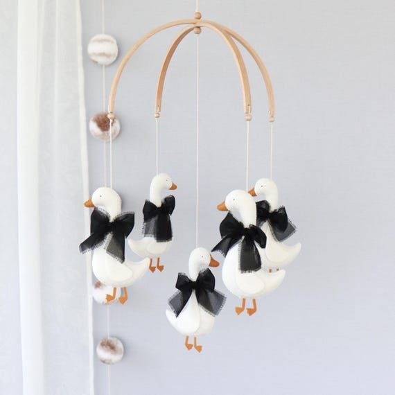 Coquette goose bow baby crib mobile, Vintage, farmhouse, rustic nursery decor, Neutral baby shower gift, Felt handing mobile, Duck nursery