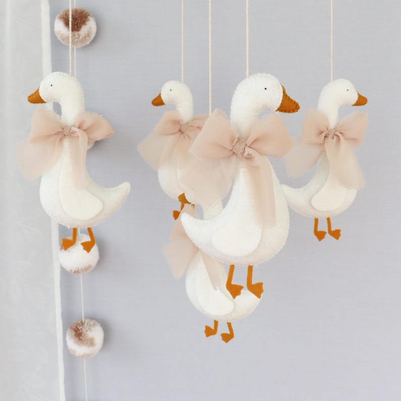 Coquette goose bow baby crib mobile, Vintage, farmhouse, rustic nursery decor, Neutral baby shower gift, Felt handing mobile, Duck nursery image 6
