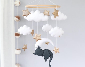 Dragon baby mobile for crib, Fantasy nursery decor, Neutral baby shower gift, Moon, clouds & stars felt mobile