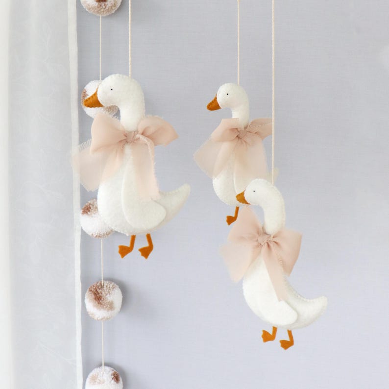 Coquette goose bow baby crib mobile, Vintage, farmhouse, rustic nursery decor, Neutral baby shower gift, Felt handing mobile, Duck nursery image 4