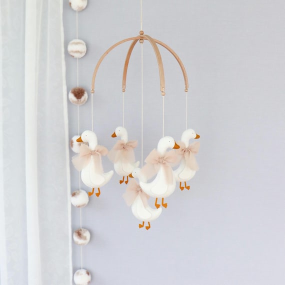 Coquette goose bow baby crib mobile, Vintage, farmhouse, rustic nursery decor, Neutral baby shower gift, Felt handing mobile, Duck nursery
