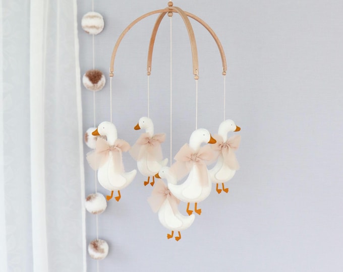 Coquette goose bow baby crib mobile, Vintage, farmhouse, rustic nursery decor, Neutral baby shower gift, Felt handing mobile, Duck nursery