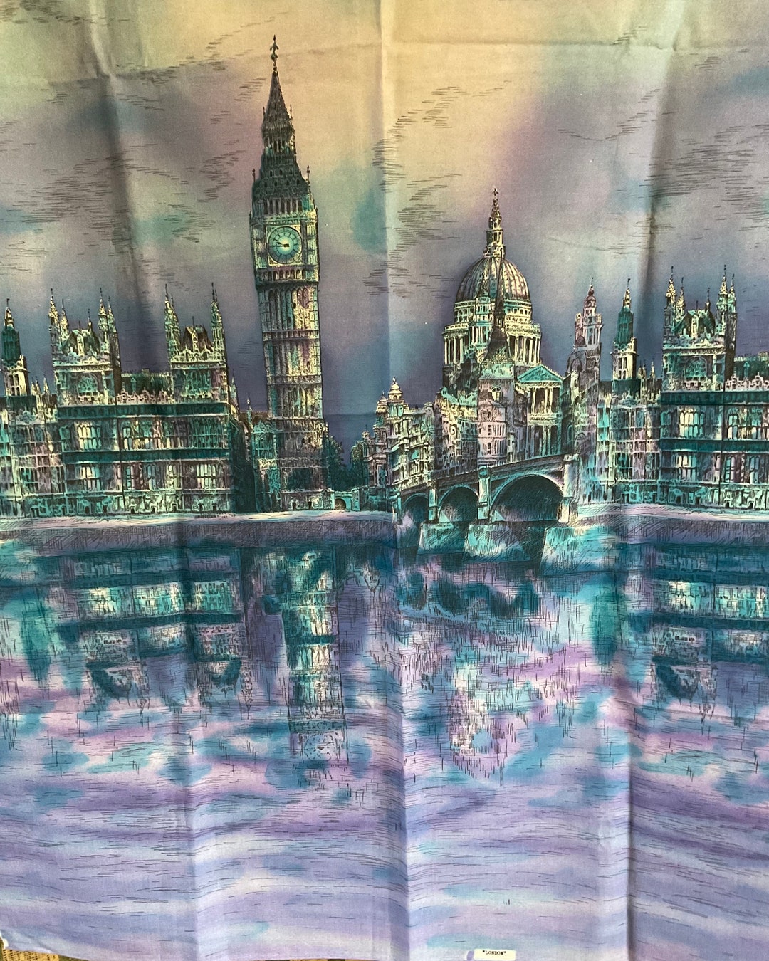 Vintage 195080s Cotton Fabric London England Skyline Big Ben Purple