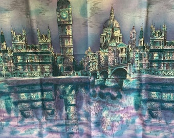 Tissu en coton vintage des années 50-80 Londres Angleterre Skyline Big Ben violet coucher de soleil nouveauté