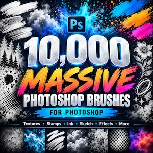 Puede incluir: Un gráfico digital con el texto 10,000 MASSIVE PHOTOSHOP BRUSHES FOR PHOTOSHOP y el logotipo Ps. El fondo muestra varias muestras de trazos de pincel, incluyendo nubes, patrones florales, texturas, salpicaduras de tinta y puntos.