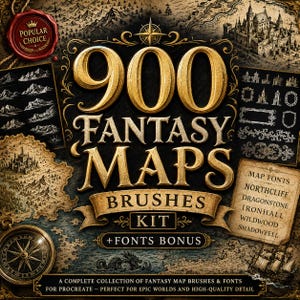 Pode incluir: Um kit de design digital com o texto 900 FANTASY MAPS BRUSHES KIT + FONTS BONUS. A imagem exibe uma coleção de recursos para mapas, incluindo cadeias de montanhas, ilustrações de castelos, bordas decorativas e um gráfico de bússola.