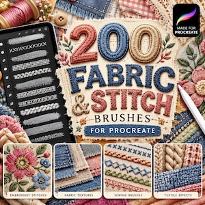 Può includere: Una collezione digitale di 200 pennelli per tessuto e punto per Procreate, con il testo 200 FABRIC & STITCH BRUSHES FOR PROCREATE. L'immagine mostra vari motivi di ricamo, texture tessili ed esempi di pennelli da cucito.