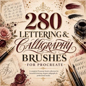 Puede incluir: Una colección digital de 280 pinceles de rotulación y caligrafía para Procreate, con tipografía ornamentada, texturas de papel vintage, ilustraciones florales, tinteros, plumas caligráficas y sellos de cera en tonos burdeos, oro y crema.