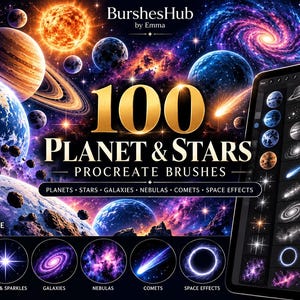 Puede incluir: Un conjunto digital de 100 pinceles Procreate de planetas y estrellas de BurshesHub. La imagen muestra una vibrante escena espacial con planetas, galaxias y nebulosas, junto a una pantalla de tableta con una cuadrícula de iconos de pinceles.