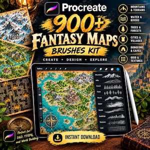 Peut inclure: Une tablette numérique affichant un kit de pinceaux Procreate 900+ Fantasy Maps. L'écran montre une carte détaillée avec des montagnes, des forêts et un château, ainsi qu'un menu de sélection. Texte : 900+ FANTASY MAPS BRUSHES KIT.