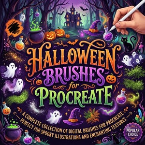 May include: A digital illustration featuring the text Halloween Brushes for Procreate, surrounded by spooky elements including a haunted house, ghosts, pumpkins, cauldrons, witch hats, and black cats, with a stylus pen visible in the upper right.