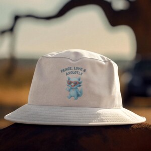 Axolotl Peace Bucket Hat Gift Festival Style Fun Summer Hat | Cool Fishing, Camping, Safari and Golf Cap | Peace, Love & Axolotl Collection
