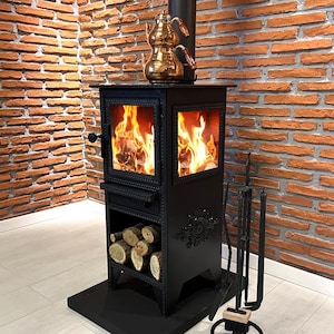 Triple Glass Zigana WoodStove Fireplace with Woodshed, Beautiful Livingroom Fireplace, Luxury Glass Fireplace Heater, Stove Fireplace