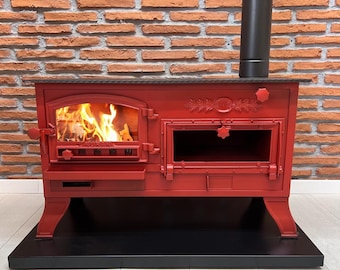 Cappadocia Wood Stove Fireplace With Side Oven Cooker, RED Color, Luxury Glass Fireplace Heater, Stove Fireplace With Oven, 85 KG - 187 IBS