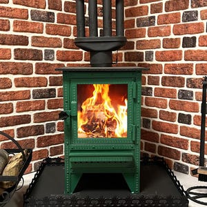 Zigana WoodStove Fireplace Green Color, Luxury Glass Fireplace Heater, Stove Fireplace