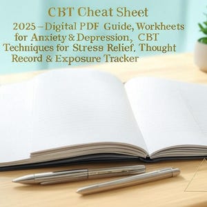May include: A blank, open notebook with a black cover and two silver pens lying on a wooden surface. The text "CBT Cheat Sheet 2025 - Digital PDF Guide, Workheets for Anxiety & Depression, CBT Techniques for Stress Relief, Thought Record & Exposure Tracker" is visible at the top of the image.